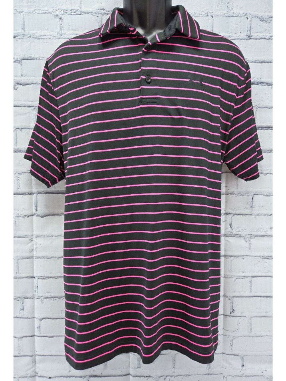Under Armour Mens Black & Pink Striped Polo Shirt Medium